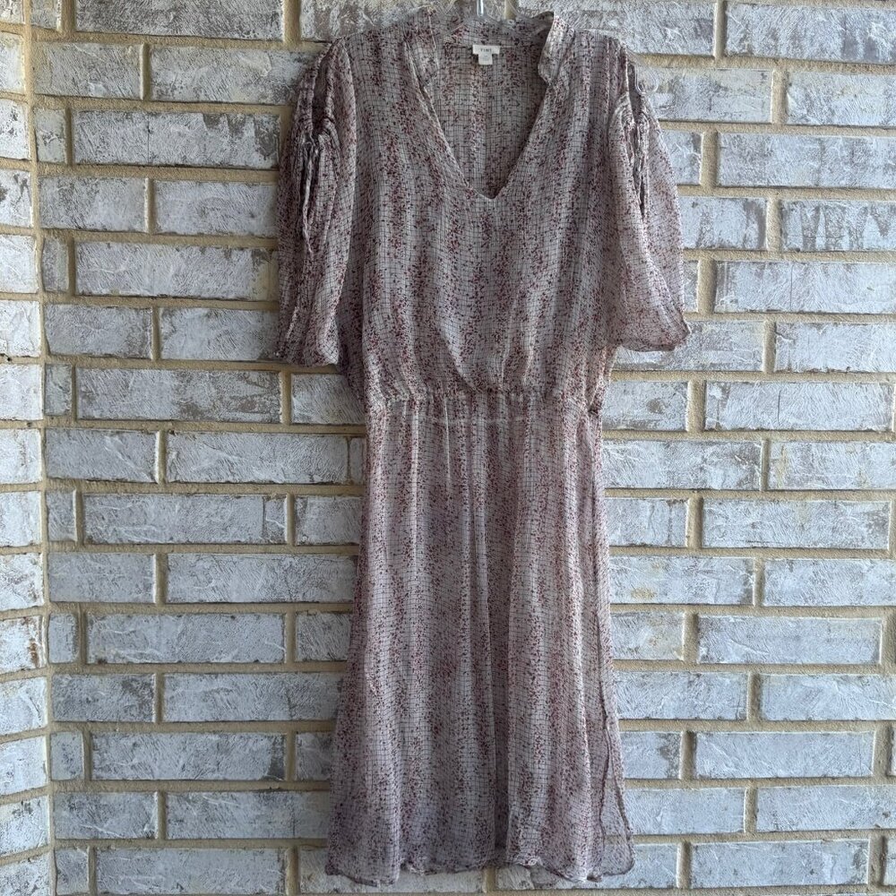 TINY Cut Off Short Sleeve V-Neck Split Side Sheer Geo Print Dress Women's Size S